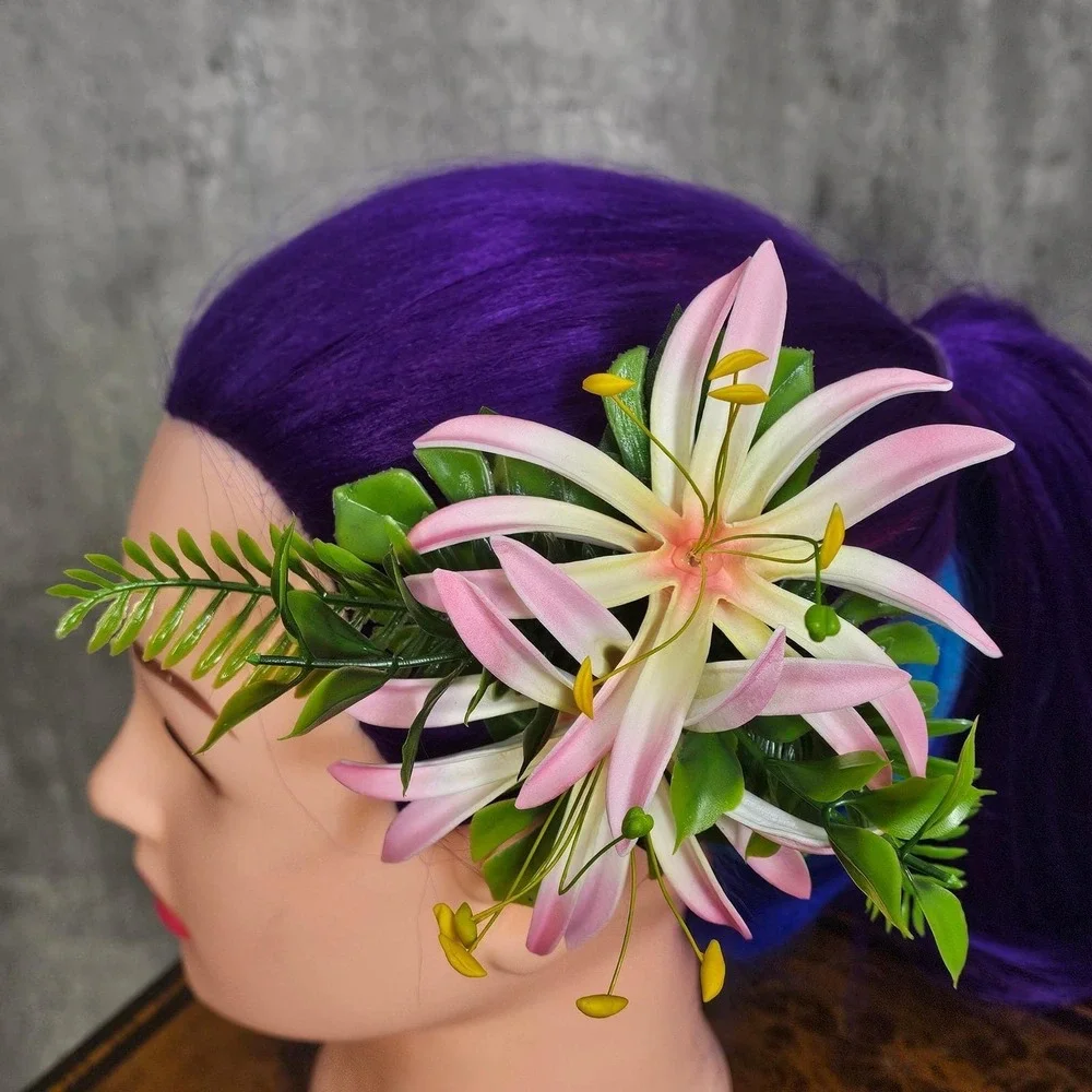 Handmade‎ Pink White Lily Hair Flower Clip Tiki Rockabilly Pinup Hawaiian